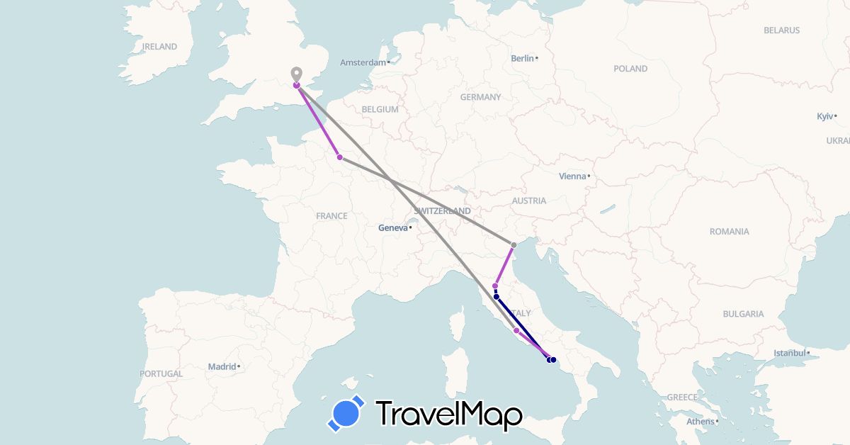 TravelMap itinerary: driving, plane, train in France, United Kingdom, Italy (Europe)